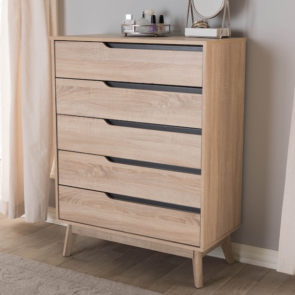 Baxton Studio Fella Mid-Century Modern Two-Tone Oak and Grey Wood 5-Drawer Chest - 138-7703