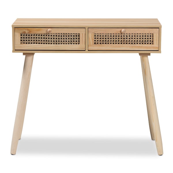 Baxton Studio Maclean Mid-Century Rattan and Natural Brown Finished Wood 2-Drawer Console Table - 199-12316-ZORO
