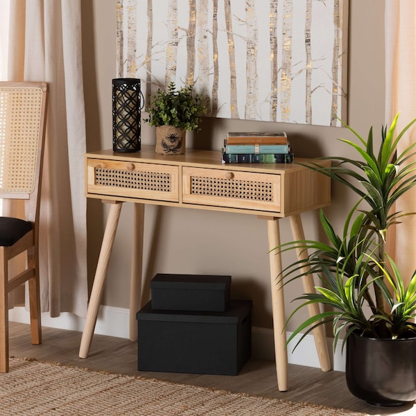 Baxton Studio Maclean Mid-Century Rattan and Natural Brown Finished Wood 2-Drawer Console Table - 199-12316-ZORO