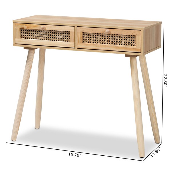 Baxton Studio Maclean Mid-Century Rattan and Natural Brown Finished Wood 2-Drawer Console Table - 199-12316-ZORO