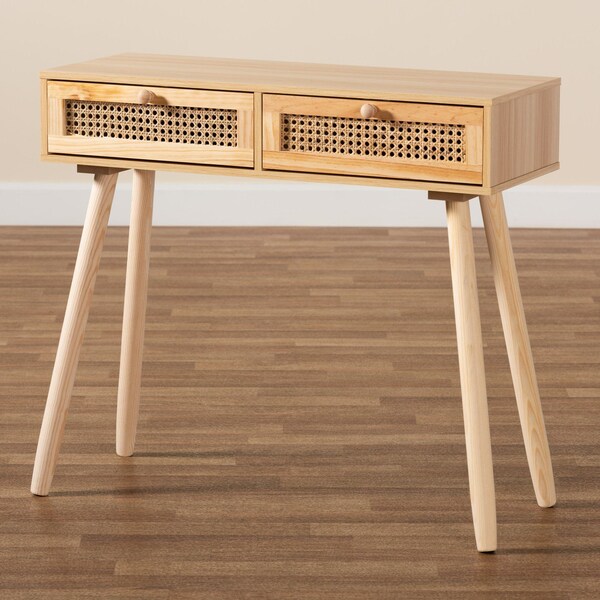 Baxton Studio Maclean Mid-Century Rattan and Natural Brown Finished Wood 2-Drawer Console Table - 199-12316-ZORO