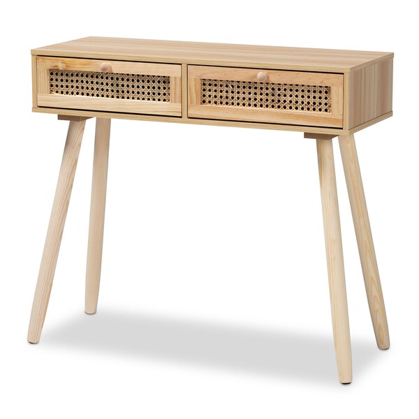 Baxton Studio Maclean Mid-Century Rattan and Natural Brown Finished Wood 2-Drawer Console Table - 199-12316-ZORO