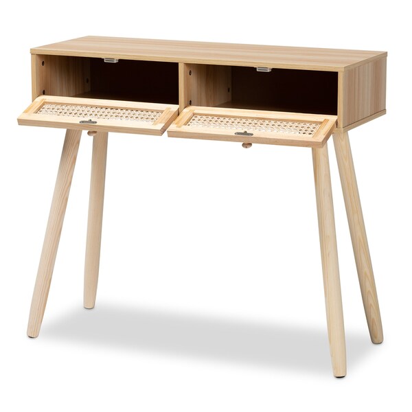 Baxton Studio Maclean Mid-Century Rattan and Natural Brown Finished Wood 2-Drawer Console Table - 199-12316-ZORO