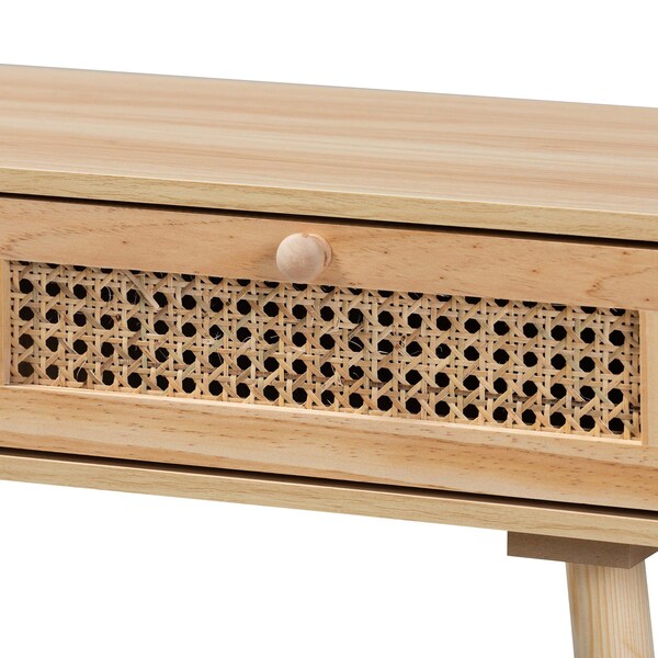 Baxton Studio Maclean Mid-Century Rattan and Natural Brown Finished Wood 2-Drawer Console Table - 199-12316-ZORO