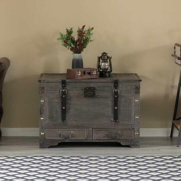 Vintiquewise Large Grey Storage Trunk Chest With Drawer Organizer and Handles for Easy Moving - QI004333