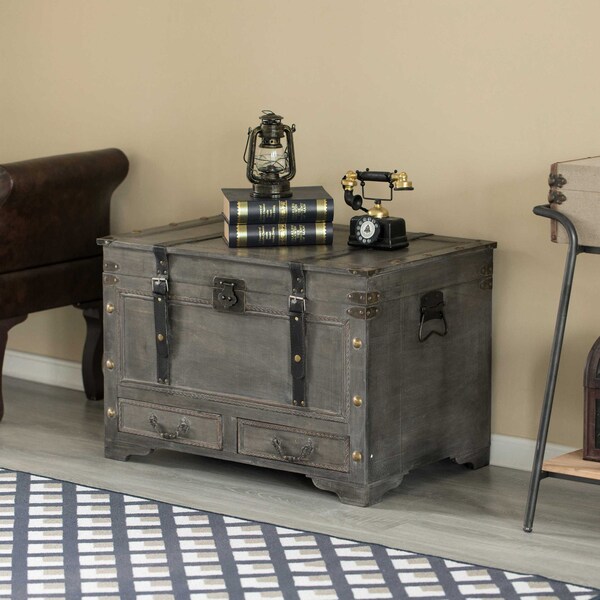 Vintiquewise Large Grey Storage Trunk Chest With Drawer Organizer and Handles for Easy Moving - QI004333