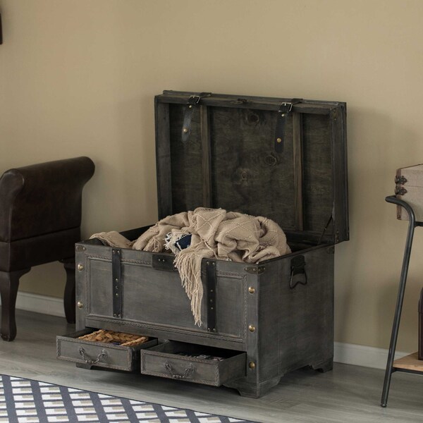 Vintiquewise Large Grey Storage Trunk Chest With Drawer Organizer and Handles for Easy Moving - QI004333