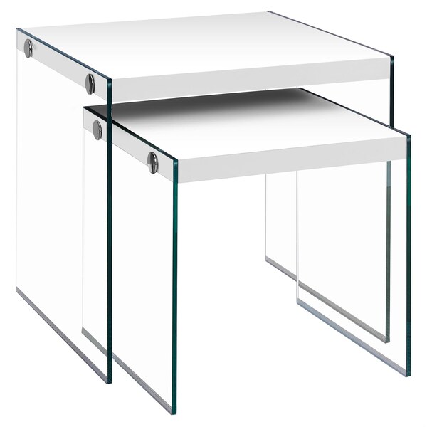 Homeroots 35.5 in. Glossy White Particle Board & Clear Glass Nesting Table Set 2 Piece - 333147