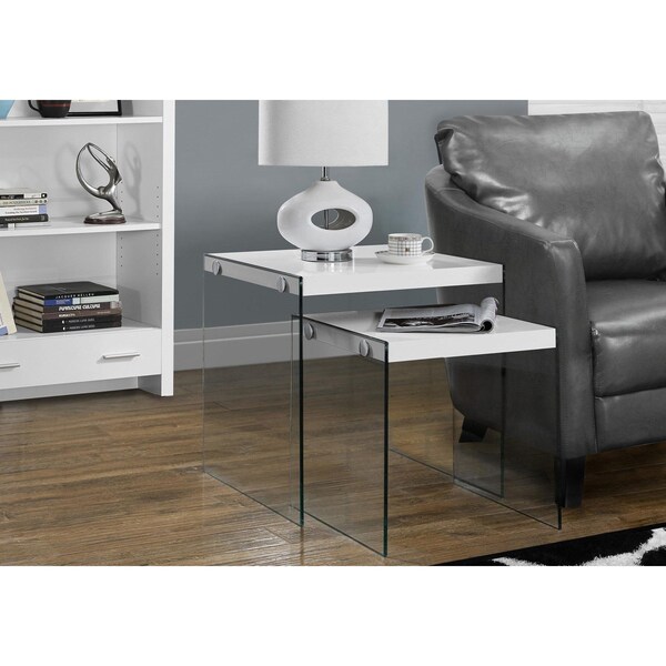 Homeroots 35.5 in. Glossy White Particle Board & Clear Glass Nesting Table Set 2 Piece - 333147