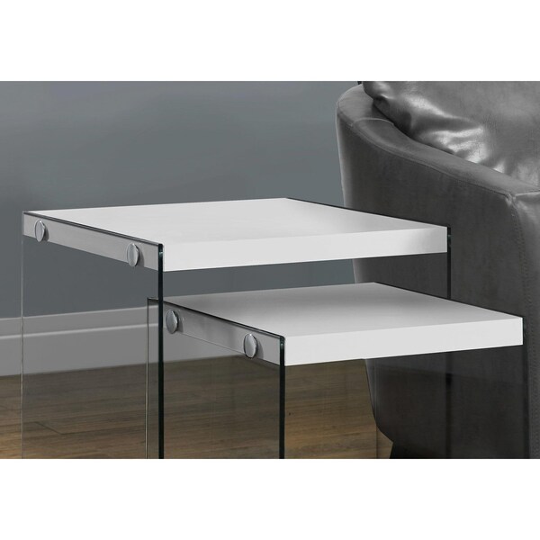 Homeroots 35.5 in. Glossy White Particle Board & Clear Glass Nesting Table Set 2 Piece - 333147