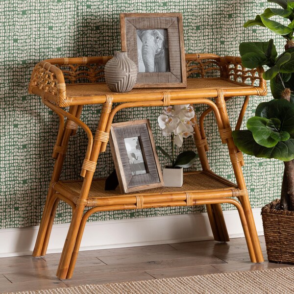 Bali & Pari Nayana Modern Bohemian Natural Rattan 2-Tier Console Table - 243-13397-ZORO