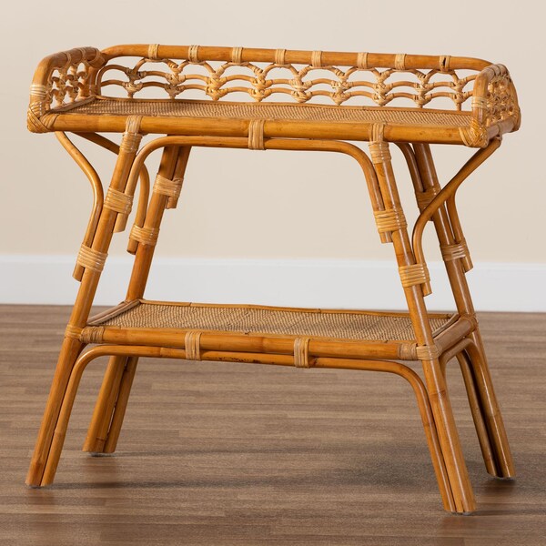 Bali & Pari Nayana Modern Bohemian Natural Rattan 2-Tier Console Table - 243-13397-ZORO