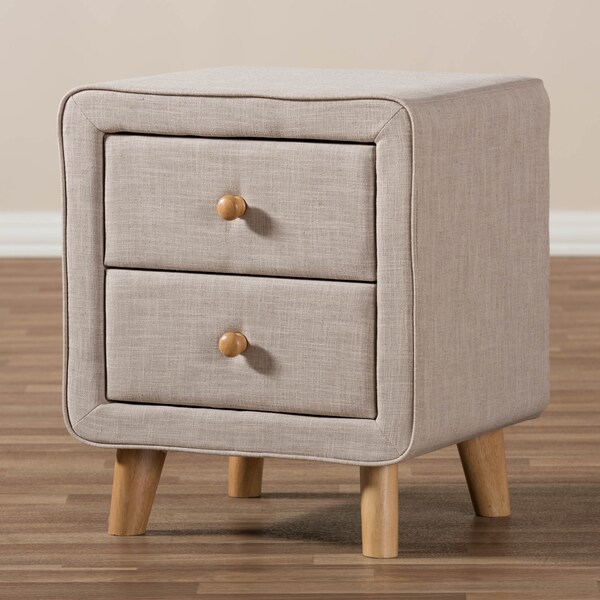 Baxton Studio Jonesy Mid-Century Beige Linen Upholstered 2-Drawer Nightstand - 135-7289