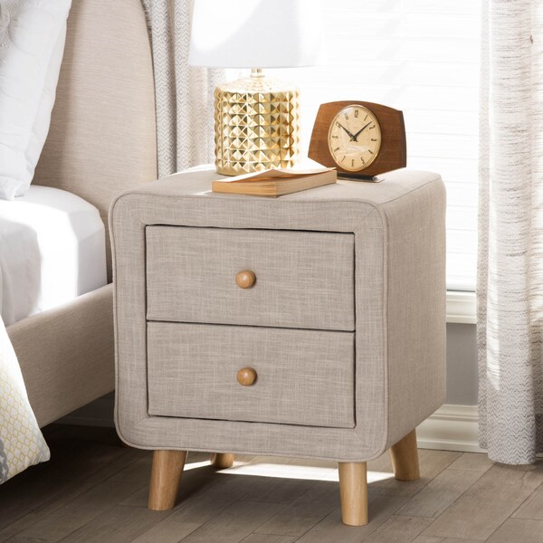Baxton Studio Jonesy Mid-Century Beige Linen Upholstered 2-Drawer Nightstand - 135-7289