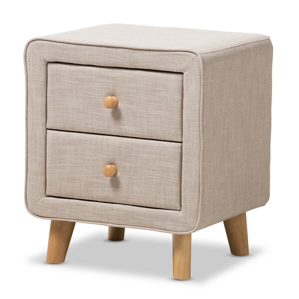 Baxton Studio Jonesy Mid-Century Beige Linen Upholstered 2-Drawer Nightstand - 135-7289