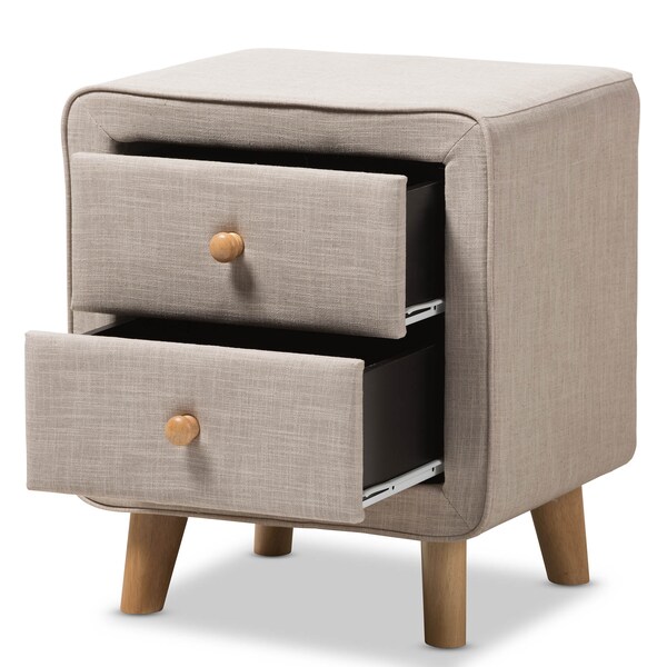 Baxton Studio Jonesy Mid-Century Beige Linen Upholstered 2-Drawer Nightstand - 135-7289