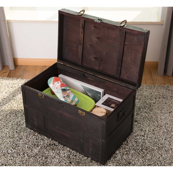 Vintiquewise Antique Style Large Dark Wooden Storage Trunk with Lockable Latch - QI003609L