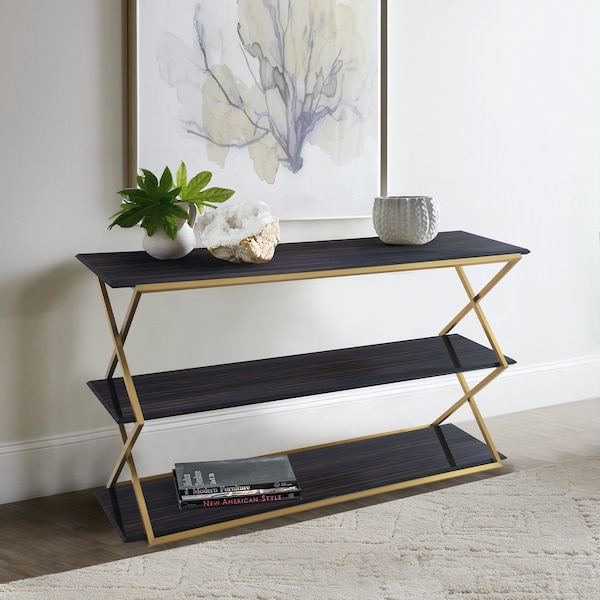 Armen Living Westlake 3-Tier Dark Brown Console Table with Brushed Gold Legs - LCWLCNBRGLD