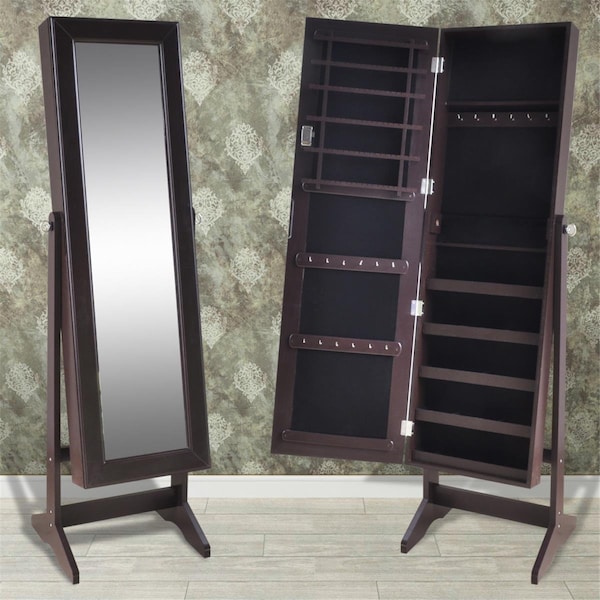 Convenience Concepts Jewelry Cabinet with Mirror Free Standing, Brown - HI425709