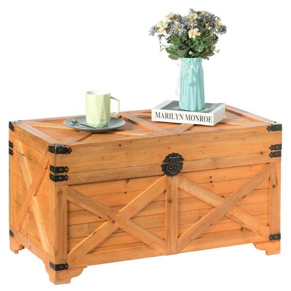 Vintiquewise Barn Design Large Decorative Farmhouse Wooden Storage Trunk Chest - QI003804L