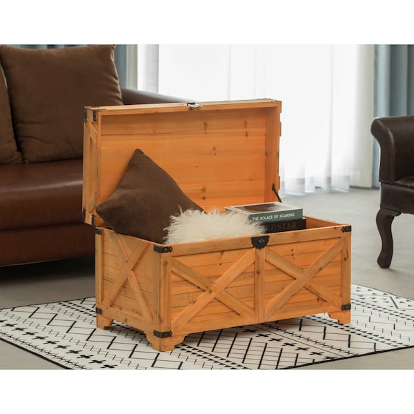 Vintiquewise Barn Design Large Decorative Farmhouse Wooden Storage Trunk Chest - QI003804L