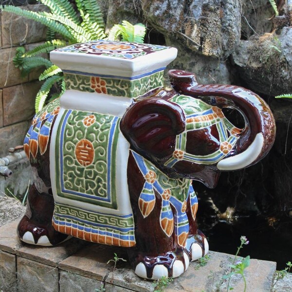 International Caravan Porcelain Elephant Stool, Brown Mix - Large - VH016A-C-LG-016