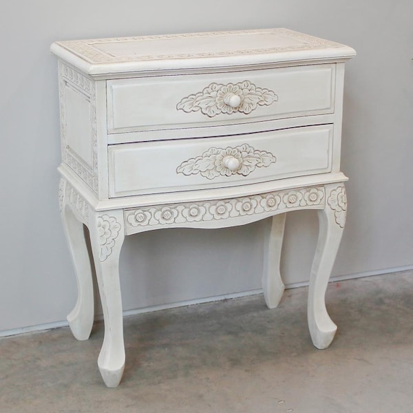 International Caravan Carved Two Drawer Table - Antique White - 3964-AW