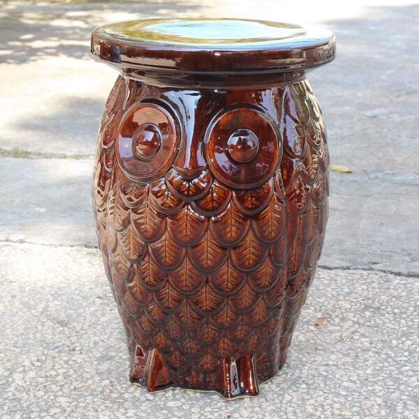 International Caravan Wise Old Owl Ceramic Garden Stool, Brown Glaze - OPG-065-BN