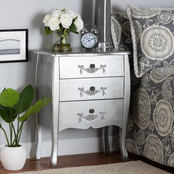 Baxton Studio Eliya Classic and Traditional Brushed Silver Finished Wood 3Drawer Storage Cabinet - 212-11938-ZORO