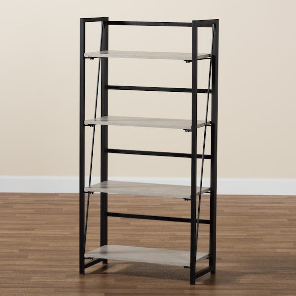 Baxton Studio Lakota Modern Industrial Light Grey Finished Wood and Black Metal 4-Tier Display Shelf - 206-12091