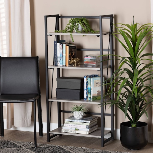 Baxton Studio Lakota Modern Industrial Light Grey Finished Wood and Black Metal 4-Tier Display Shelf - 206-12091