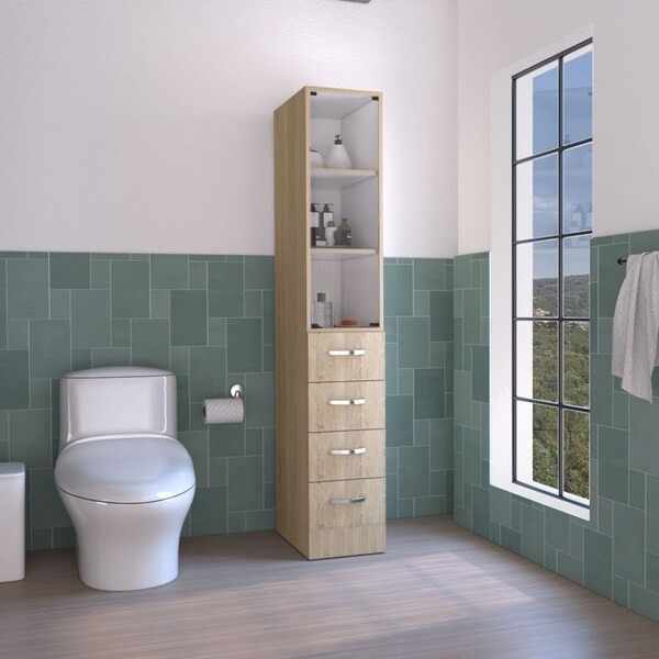 Tuhome Vanguard Linen Cabinet, Three Shelves, Four Drawers, Light Pine/White - TRB7964