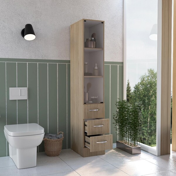 Tuhome Vanguard Linen Cabinet, Three Shelves, Four Drawers, Light Pine/White - TRB7964