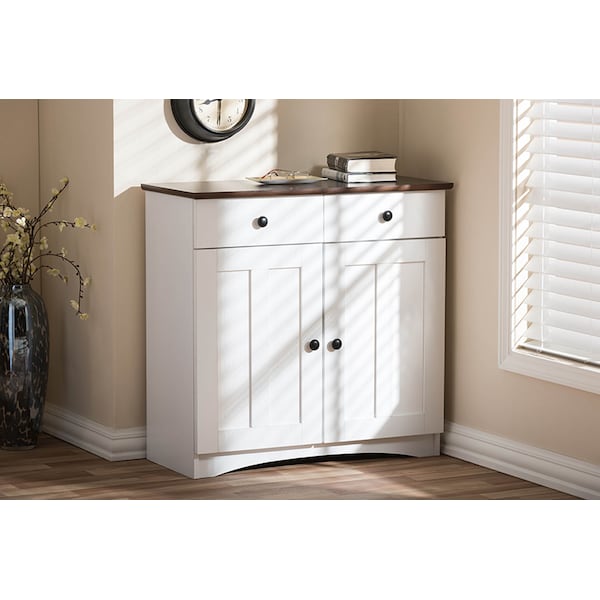 Baxton Studio Lauren White and Brown Kitchen Cabinet with Two Doors and Two Drawers - 119-6522