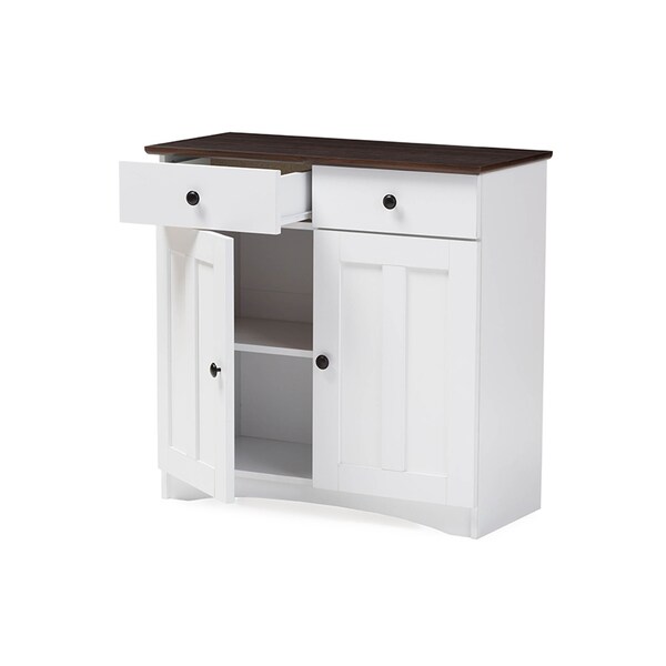 Baxton Studio Lauren White and Brown Kitchen Cabinet with Two Doors and Two Drawers - 119-6522