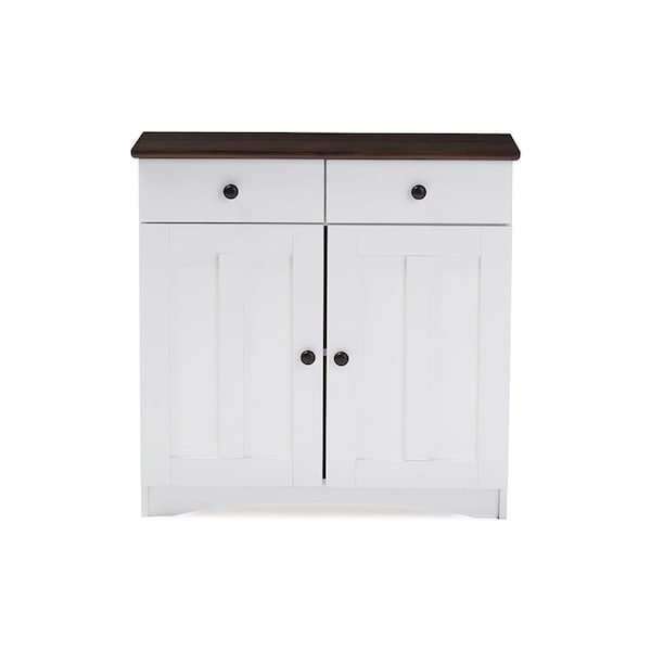 Baxton Studio Lauren White and Brown Kitchen Cabinet with Two Doors and Two Drawers - 119-6522