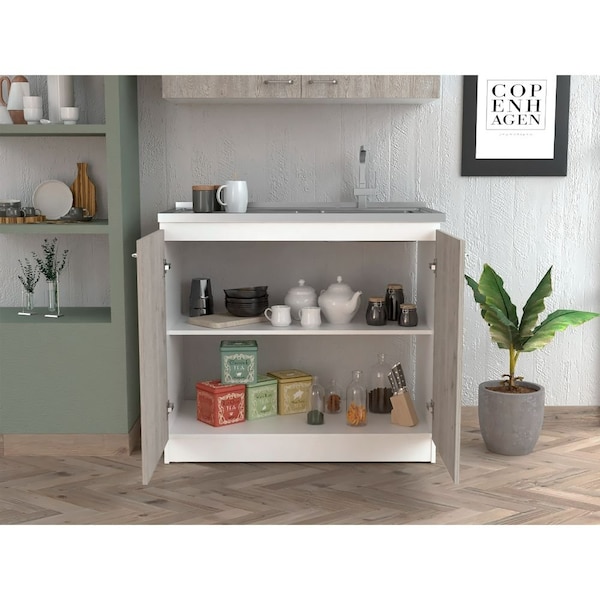 Tuhome Napoles Utility Sink with Cabinet One Shelf, Double Door Cabinet, Smokey Oak/Light Gray - MIZ6558