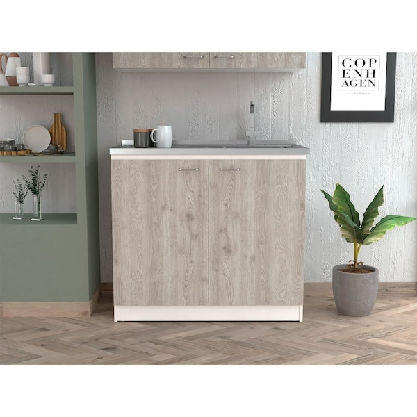 Tuhome Napoles Utility Sink with Cabinet One Shelf, Double Door Cabinet, Smokey Oak/Light Gray - MIZ6558