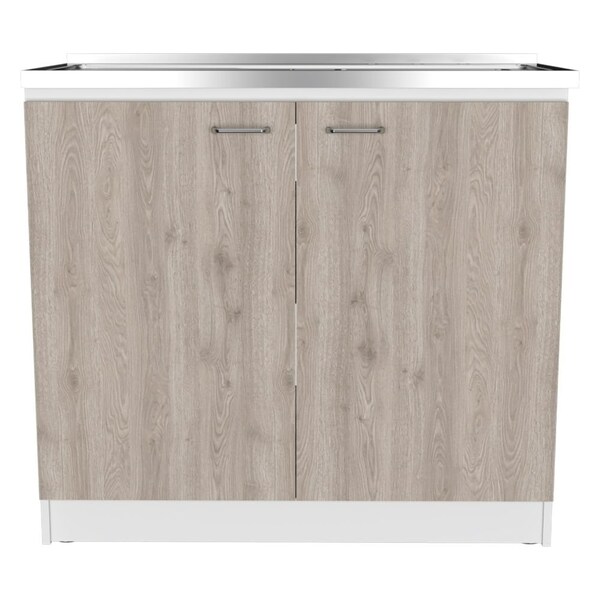 Tuhome Napoles Utility Sink with Cabinet One Shelf, Double Door Cabinet, Smokey Oak/Light Gray - MIZ6558
