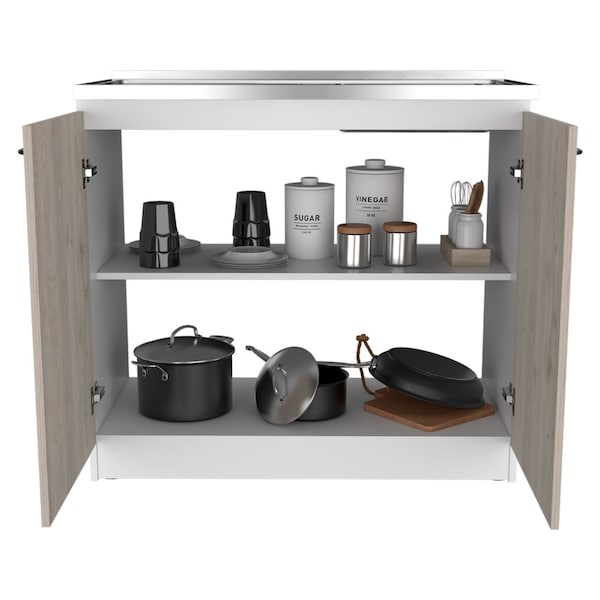 Tuhome Napoles Utility Sink with Cabinet One Shelf, Double Door Cabinet, Smokey Oak/Light Gray - MIZ6558