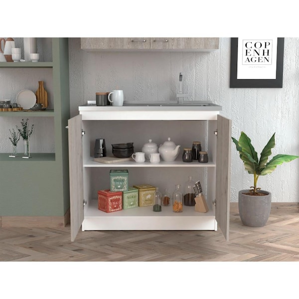 Tuhome Napoles Utility Sink with Cabinet One Shelf, Double Door Cabinet, Smokey Oak/Light Gray - MIZ6558
