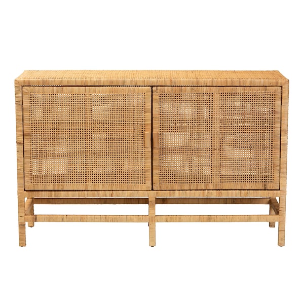 Baxton Studio Vivan Modern Bohemian Natural Brown Rattan and Mahogany Wood Storage Cabinet - 228-13135-ZORO