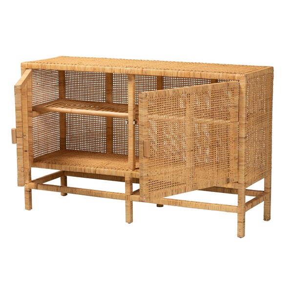 Baxton Studio Vivan Modern Bohemian Natural Brown Rattan and Mahogany Wood Storage Cabinet - 228-13135-ZORO