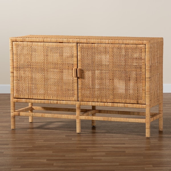 Baxton Studio Vivan Modern Bohemian Natural Brown Rattan and Mahogany Wood Storage Cabinet - 228-13135-ZORO
