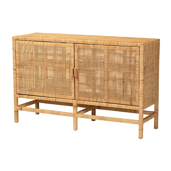 Baxton Studio Vivan Modern Bohemian Natural Brown Rattan and Mahogany Wood Storage Cabinet - 228-13135-ZORO