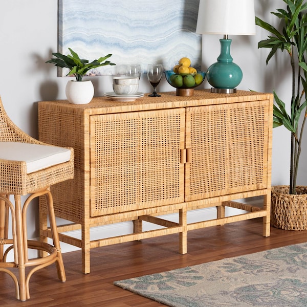 Baxton Studio Vivan Modern Bohemian Natural Brown Rattan and Mahogany Wood Storage Cabinet - 228-13135-ZORO