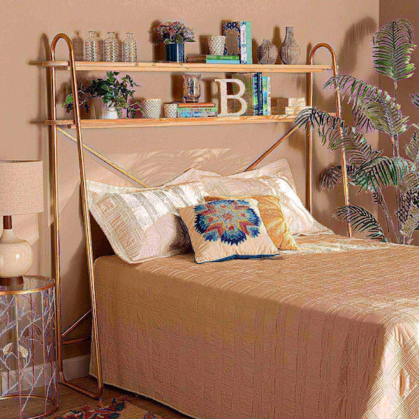 Baxton Studio Merida Glam Brushed Gold Metal and Natural Brown Wood 2-Tier Over Bed Queen Size Storage - 182-11624-ZORO