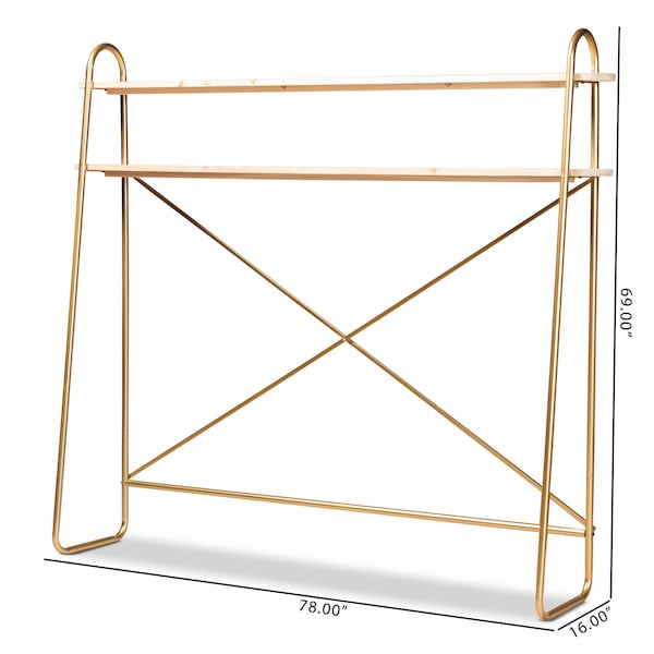 Baxton Studio Merida Glam Brushed Gold Metal and Natural Brown Wood 2-Tier Over Bed Queen Size Storage - 182-11624-ZORO