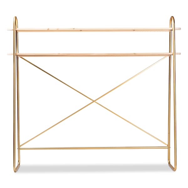 Baxton Studio Merida Glam Brushed Gold Metal and Natural Brown Wood 2-Tier Over Bed Queen Size Storage - 182-11624-ZORO