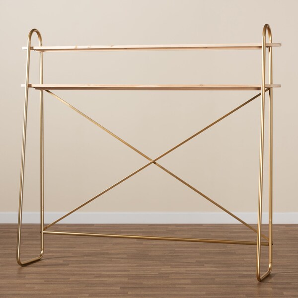 Baxton Studio Merida Glam Brushed Gold Metal and Natural Brown Wood 2-Tier Over Bed Queen Size Storage - 182-11624-ZORO